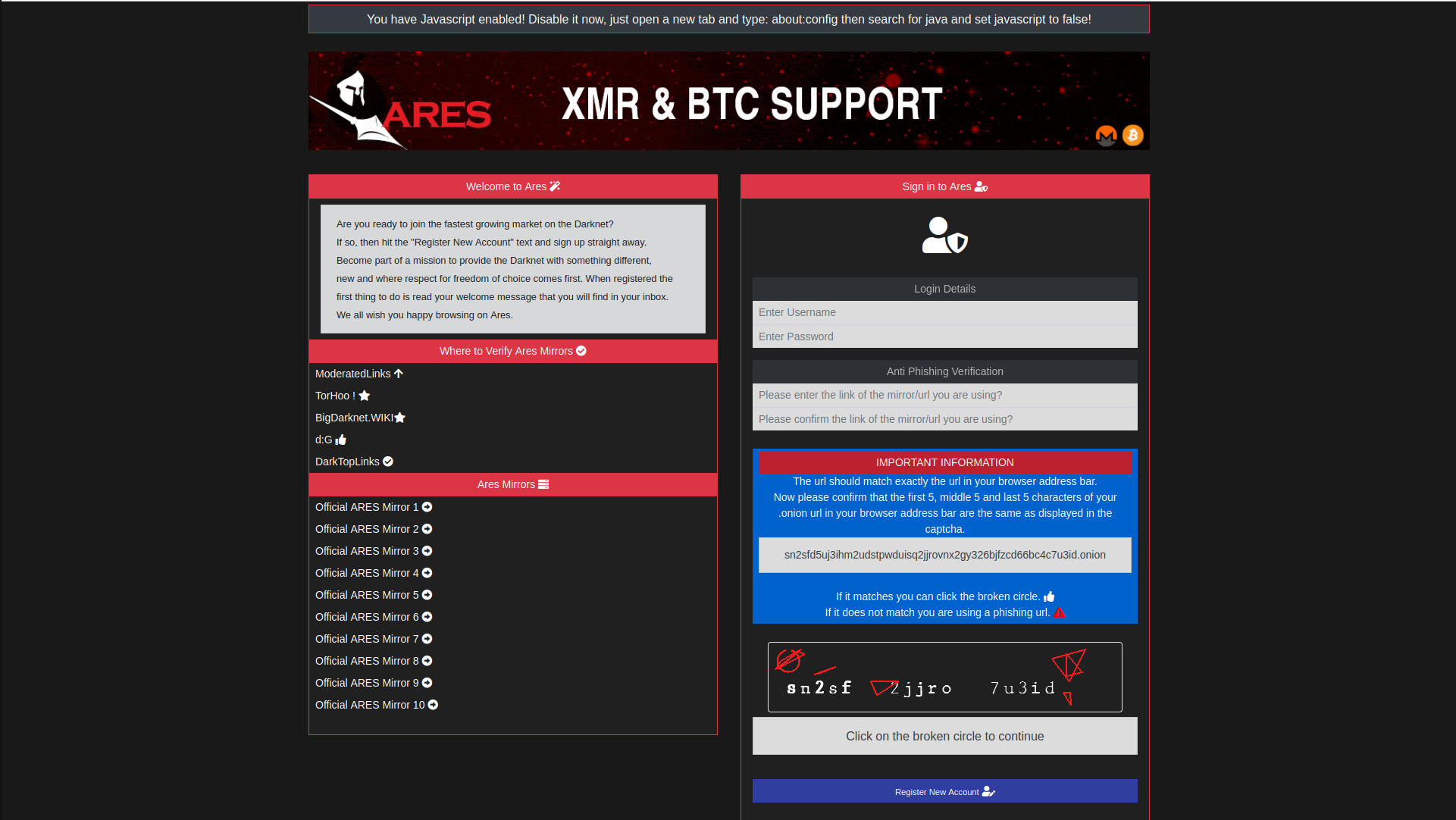 Ares Market Login Process showing secure authentication interface with PGP encryption options, two-factor authentication setup, and security verification steps