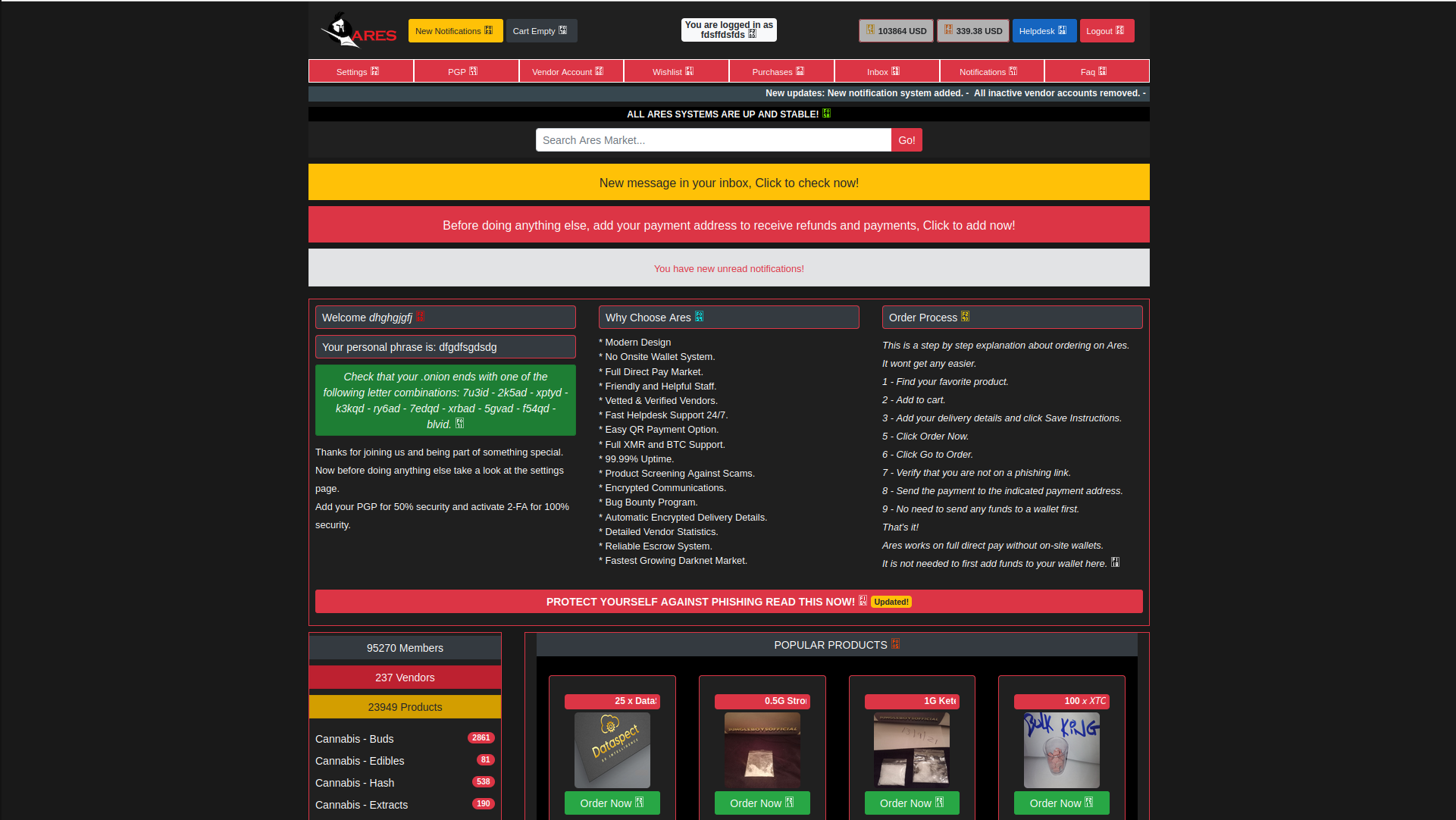 Ares Market Interface Screenshot showing secure darknet marketplace dashboard with modern UI design, featuring navigation menu, product listings, and security indicators